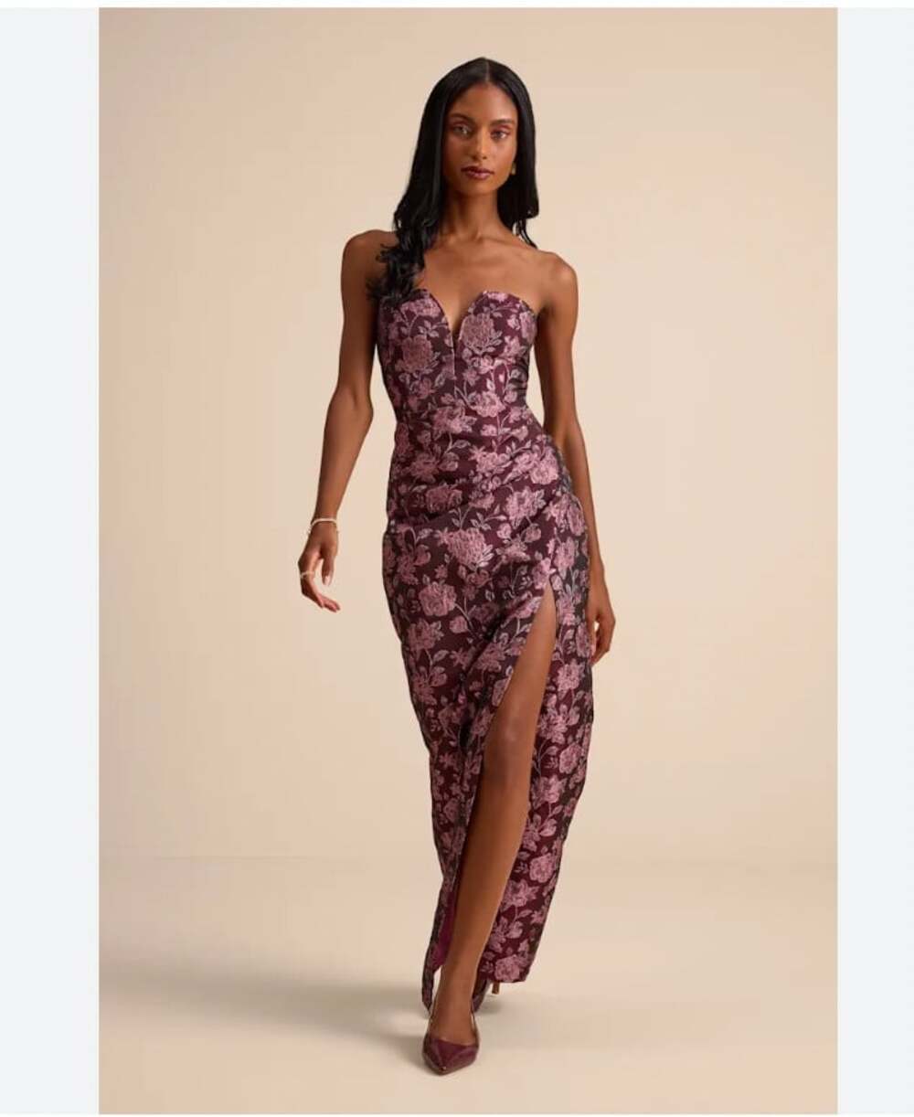 Lulus Dress Womens Small Purple Floral Strapless Jacquard Maxi Slit Gown Formal